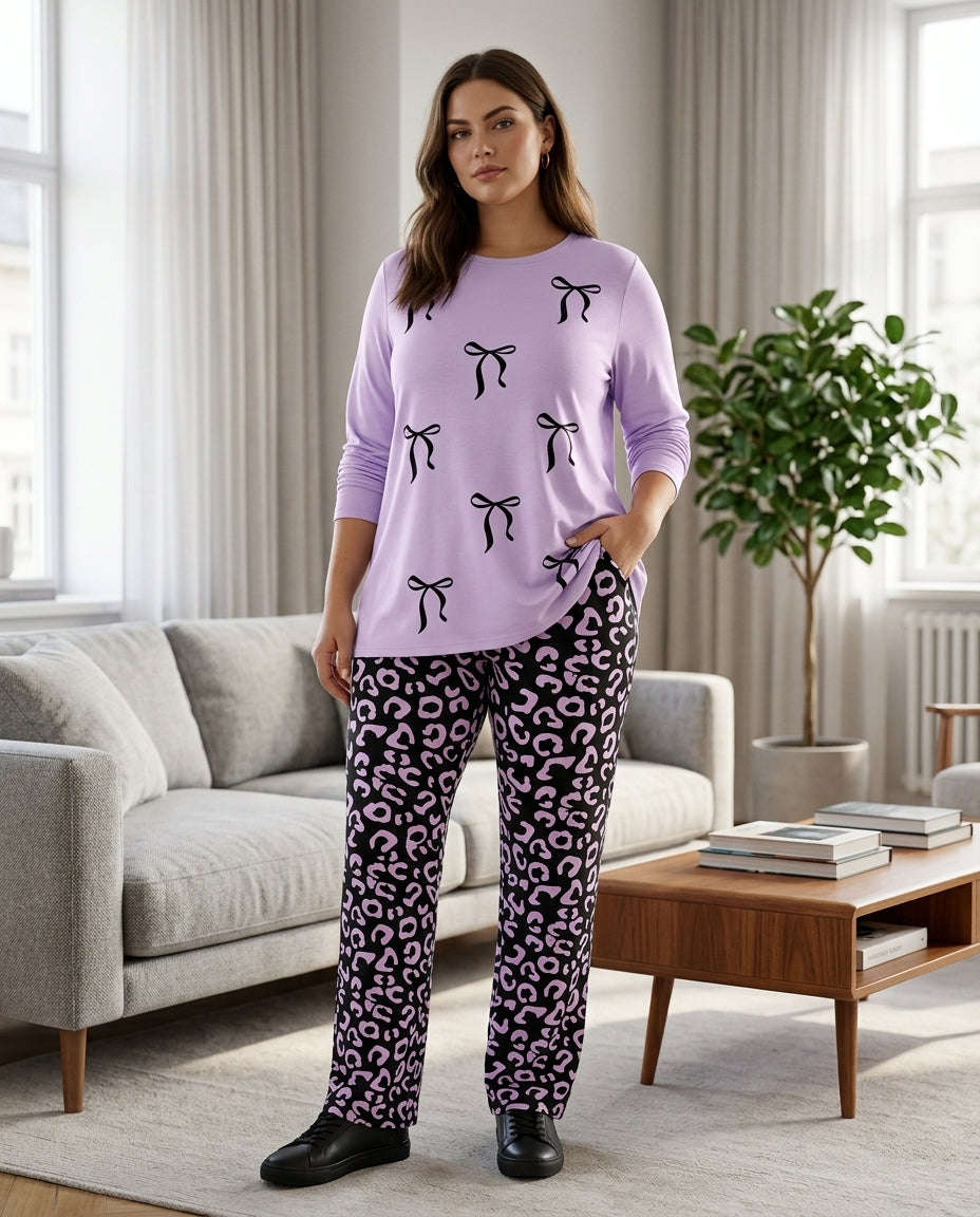 Women's "Coquette Kitty" Leopard Lounge Set ππ | Navy Bow Aesthetic Chikoo