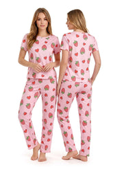 Women's Pink Strawberry & Hearts Printed Pyjama Set | Soft Cotton Nightwear 🍓❤️ Chikoo