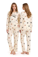Women's Buddy Bear Printed Full Sleeve Pyjama Set | Soft Cotton Nightwear 🐻 Chikoo