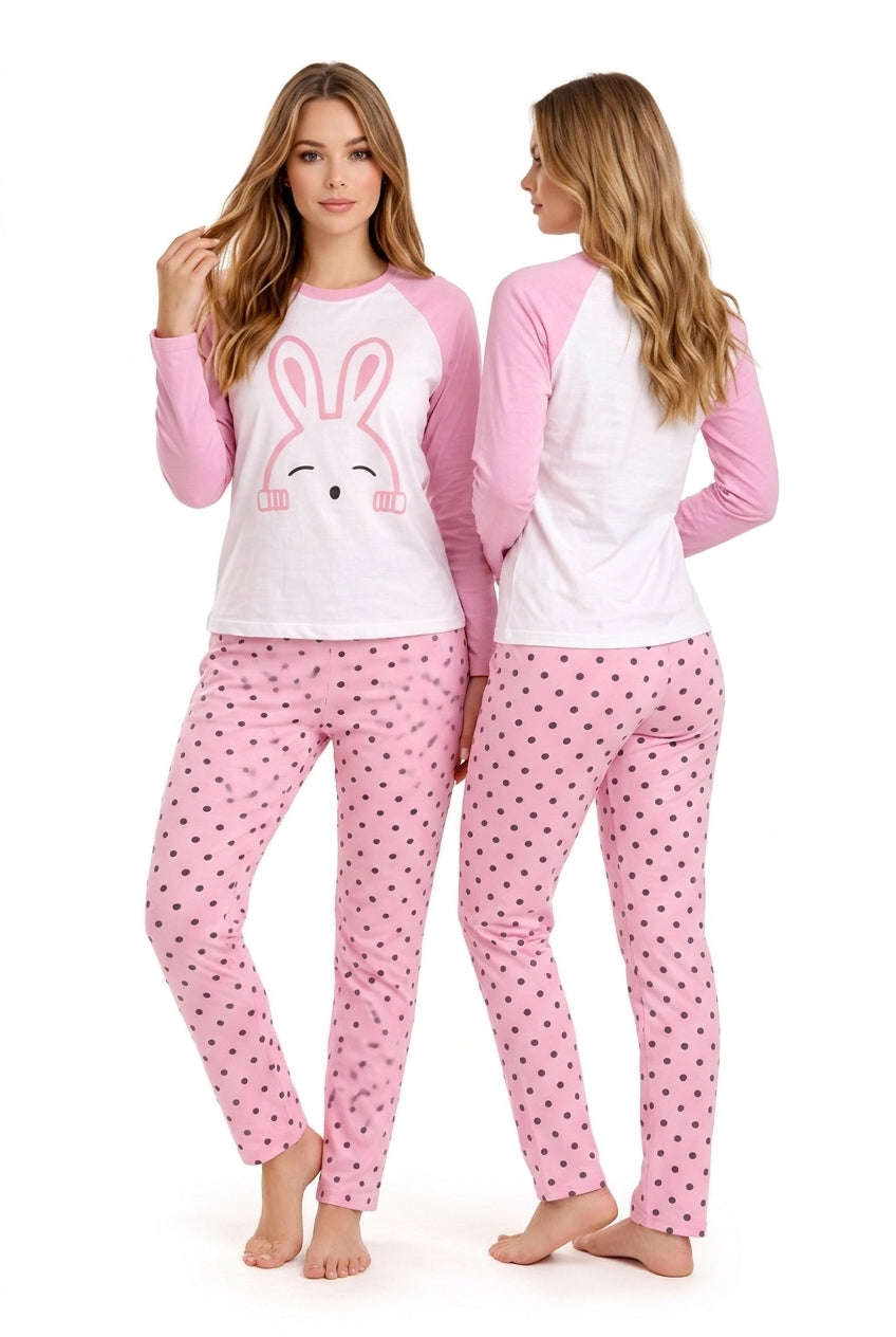 Women's Pink Bunny Printed Full Sleeve Pyjama Set | Soft Cotton Nightwear 🐰 Chikoo
