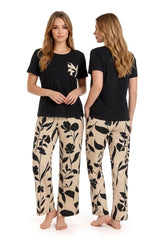 Women's Black & Beige Botanical Floral Pyjama Set | Soft Cotton Nightwear 🌿 (CNS-031)