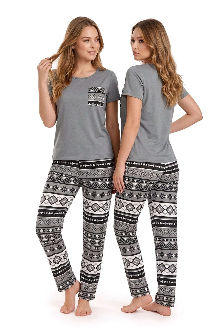 Women's Grey Aztec Printed Pyjama Set | Soft Cotton Nightwear 🌙 Chikoo