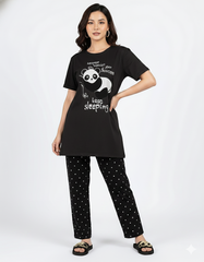 Women's "Lazy Panda" Cozy Lounge Set πΌπ€ | Black Polka Dot Sleepwear