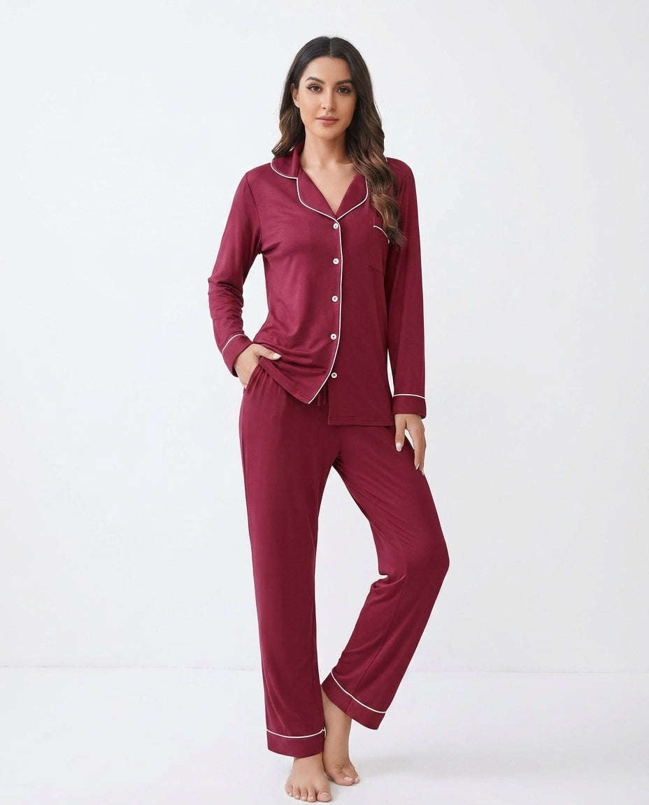 Women's "Midnight Merlot" Button-Down Lounge Set 🍷✨ | Old Money Aesthetic Chikoo