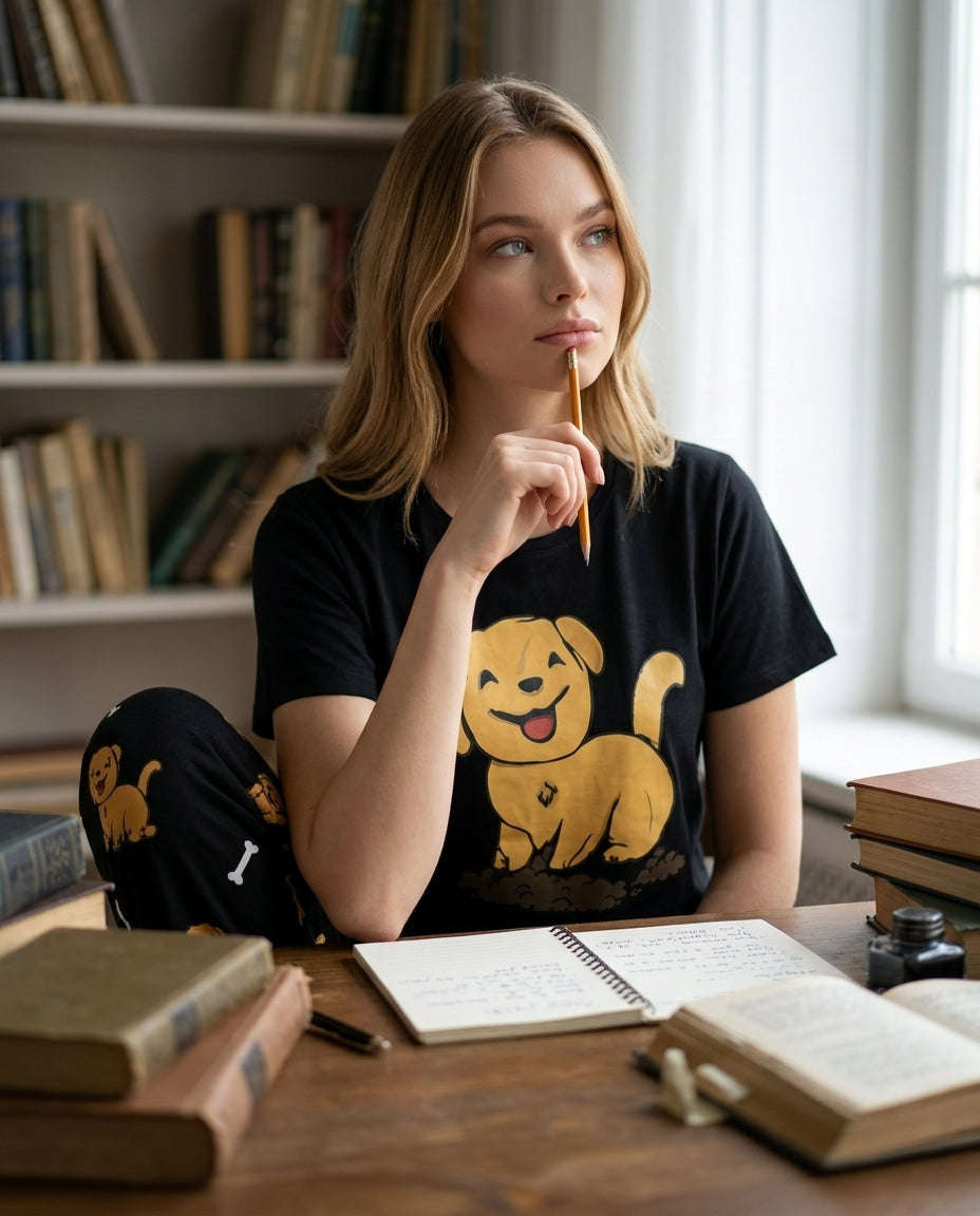 Women's Black Cute Puppy Printed Pyjama Set | Soft Cotton Nightwear 🐶 Chikoo