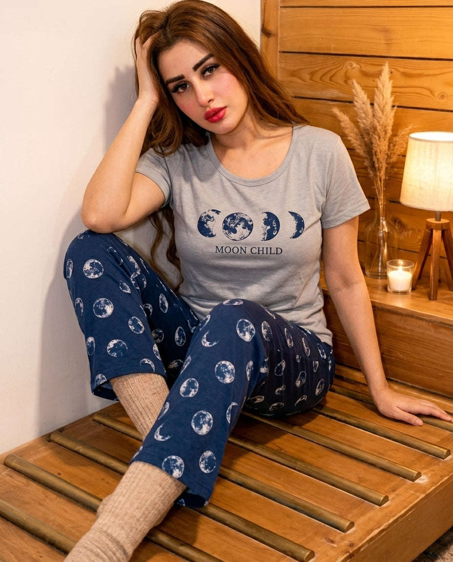 Women's Grey Moon Child Printed Pyjama Set | Soft Cotton Nightwear 🌕 Chikoo