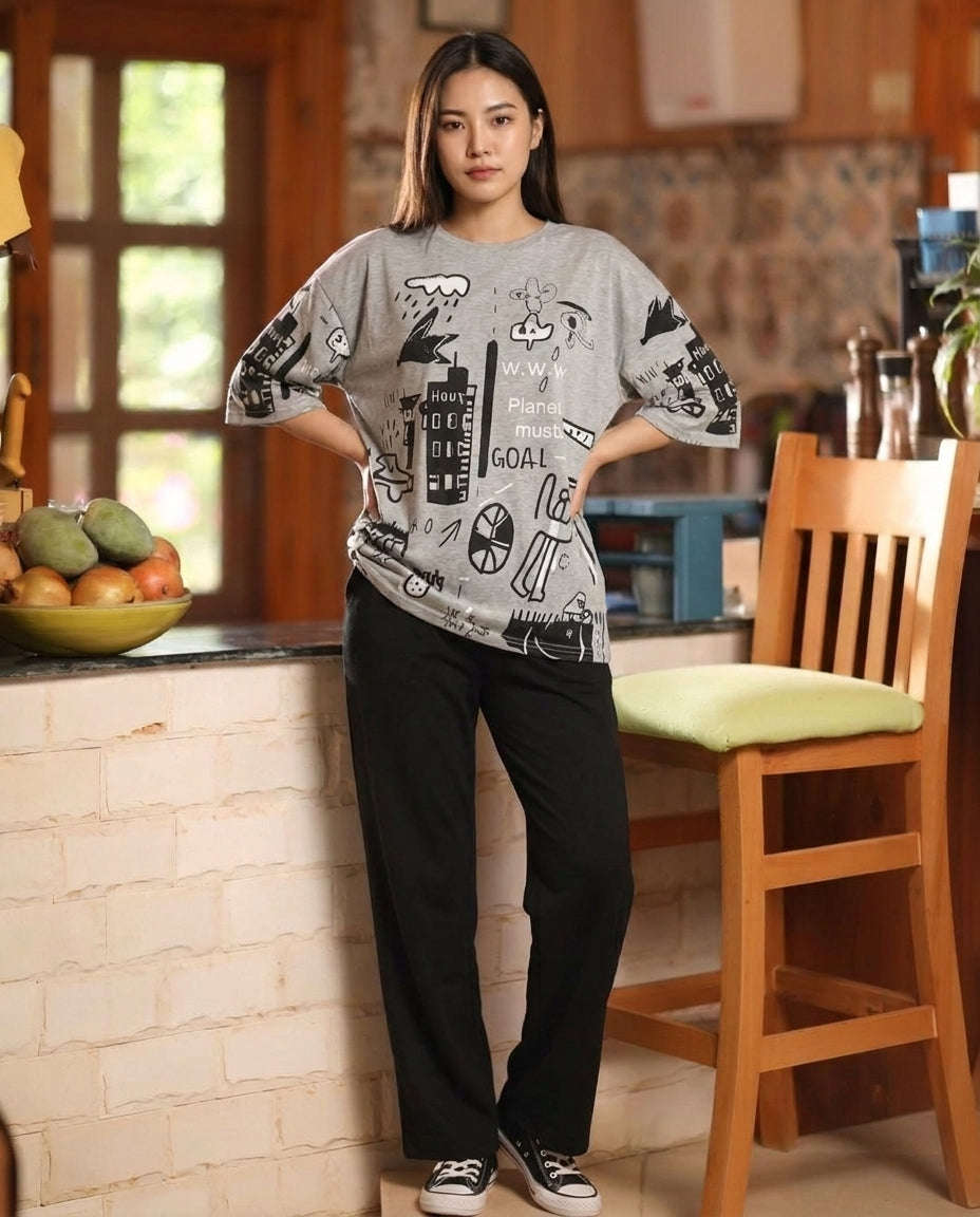 Women Doodle Art Oversized PJs Set 🎨✨ Chikoo