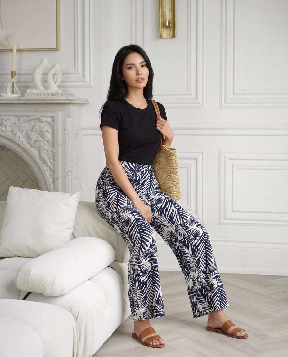 Women Tropical Leaf Wide Leg Pants Set 🌿✨ Chikoo