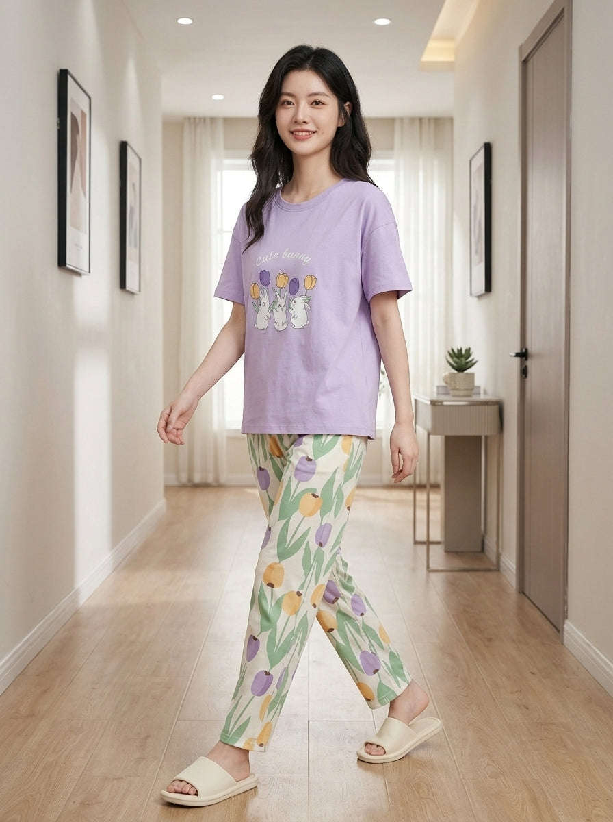 Women's Cute Bunny Tulip PJs Set 🐰🌷 Chikoo