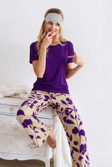 Women's Purple & Cream Botanical Floral Pyjama Set | Soft Cotton Nightwear 🌸 (CNS-027)