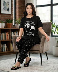 Women's "Lazy Panda" Cozy Lounge Set πΌπ€ | Black Polka Dot Sleepwear