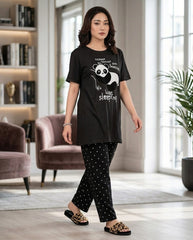 Women's "Lazy Panda" Cozy Lounge Set πΌπ€ | Black Polka Dot Sleepwear