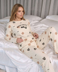 Women's Buddy Bear Printed Full Sleeve Pyjama Set | Soft Cotton Nightwear 🐻 Chikoo