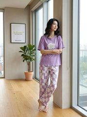 Women's Smiley Cloud Checker Heart PJs Set ☁️💜 Chikoo
