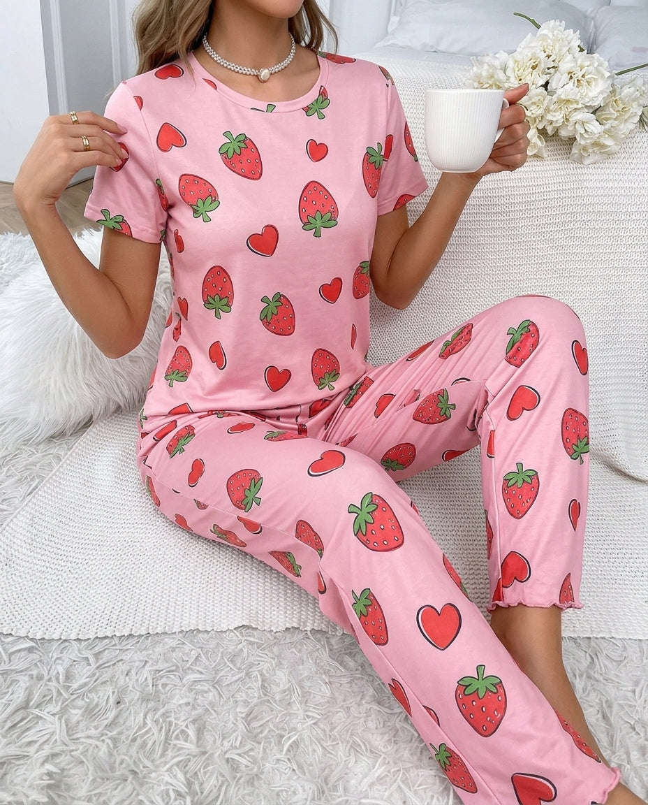 Women's Pink Strawberry & Hearts Printed Pyjama Set | Soft Cotton Nightwear 🍓❤️ Chikoo