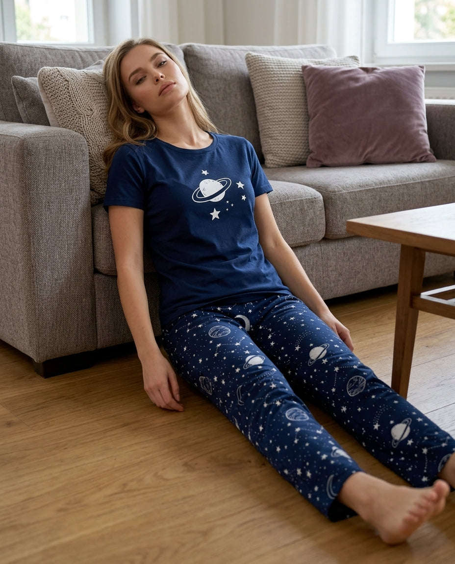 Women's Navy Blue Galaxy Printed Pyjama Set | Soft Cotton Nightwear 🌙⭐ Chikoo