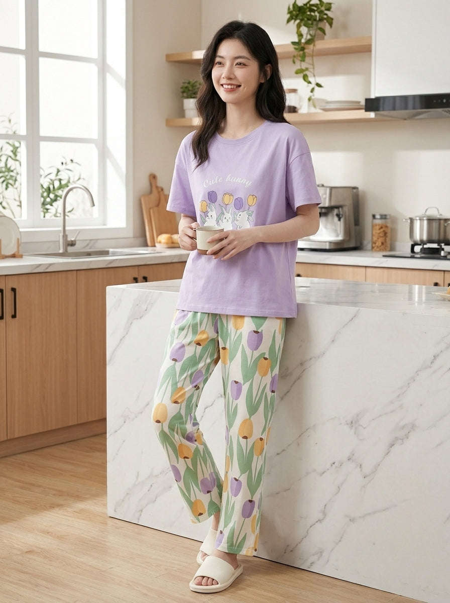 Women's Cute Bunny Tulip PJs Set 🐰🌷 Chikoo