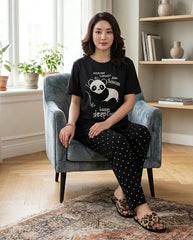 Women's "Lazy Panda" Cozy Lounge Set πΌπ€ | Black Polka Dot Sleepwear