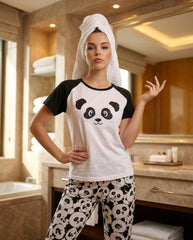 Women's White & Black Panda Printed Pyjama Set | Soft Cotton Nightwear 🐼 (CNS-032)