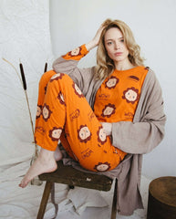 Women's Orange Lion Printed Full Sleeve Pyjama Set | Soft Cotton Nightwear 🦁 Chikoo