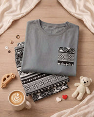 Women's Grey Aztec Printed Pyjama Set | Soft Cotton Nightwear 🌙 Chikoo