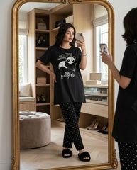 Women's "Lazy Panda" Cozy Lounge Set πΌπ€ | Black Polka Dot Sleepwear