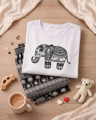 Women's White Elephant Printed Pyjama Set | Soft Cotton Nightwear 🐘 Chikoo