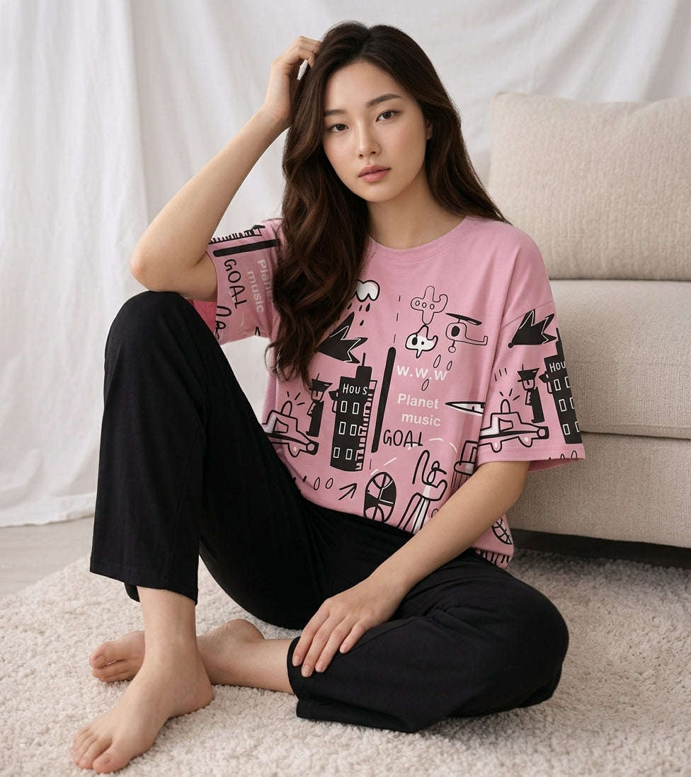 Women Doodle Art Oversized PJs Set 🎨✨ Chikoo