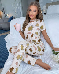 Women's Cream Abstract Cow Print Pyjama Set | Soft Cotton Nightwear 🐄 Chikoo