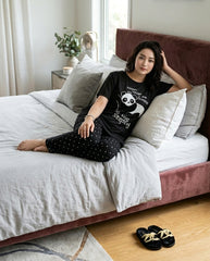 Women's "Lazy Panda" Cozy Lounge Set πΌπ€ | Black Polka Dot Sleepwear
