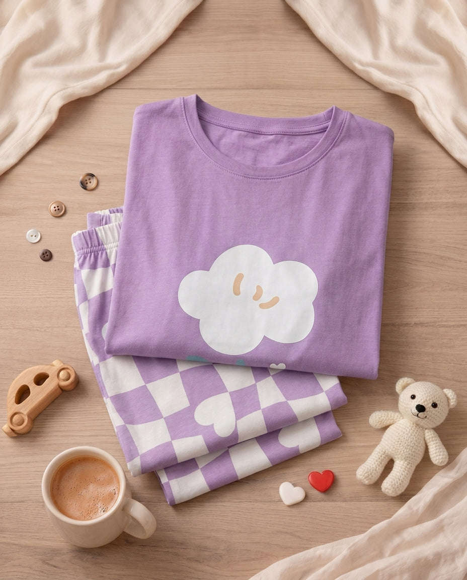 Women's Smiley Cloud Checker Heart PJs Set ☁️💜 Chikoo