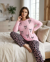 Women's "Coquette Kitty" Leopard Lounge Set ππ | Navy Bow Aesthetic Chikoo