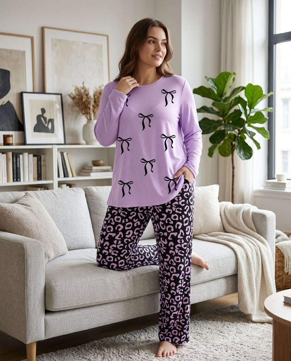 Women's "Coquette Kitty" Leopard Lounge Set ππ | Navy Bow Aesthetic Chikoo