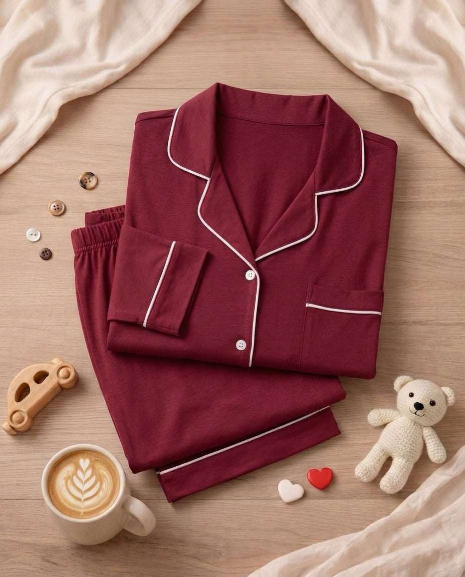 Women's "Midnight Merlot" Button-Down Lounge Set 🍷✨ | Old Money Aesthetic Chikoo