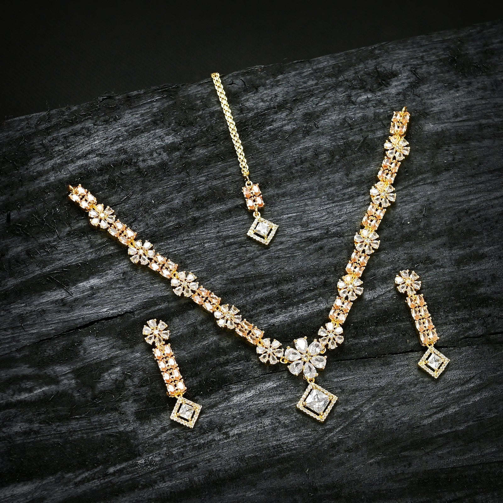 Crystal Cascade Jewellery Set - (S-12) Chikoo