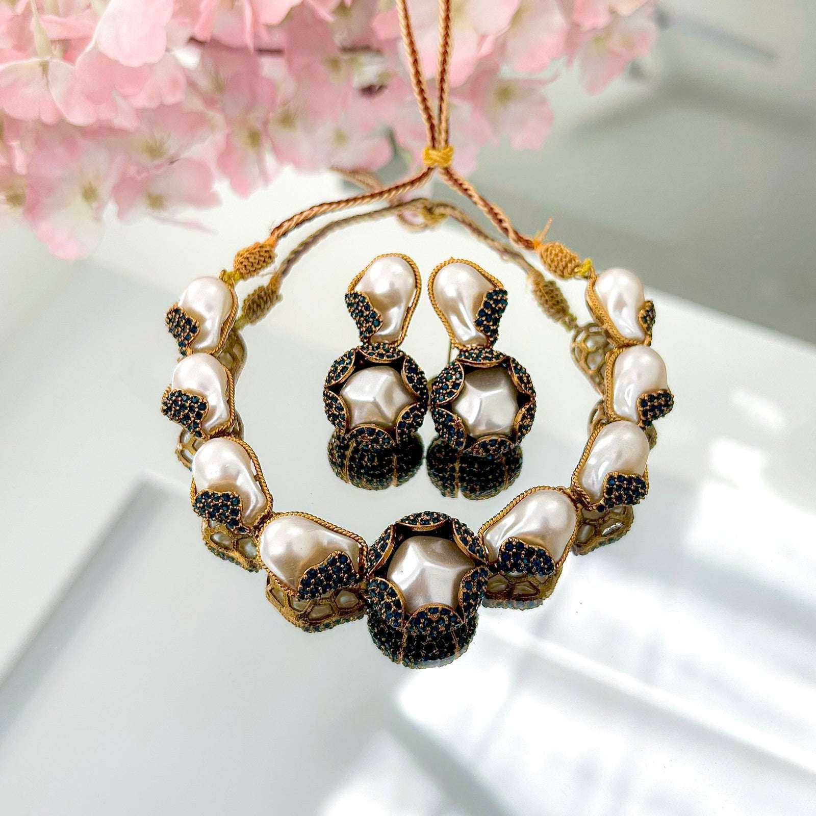 Moti e Phool Shine Pearl Necklace Set - S-50 Chikoo
