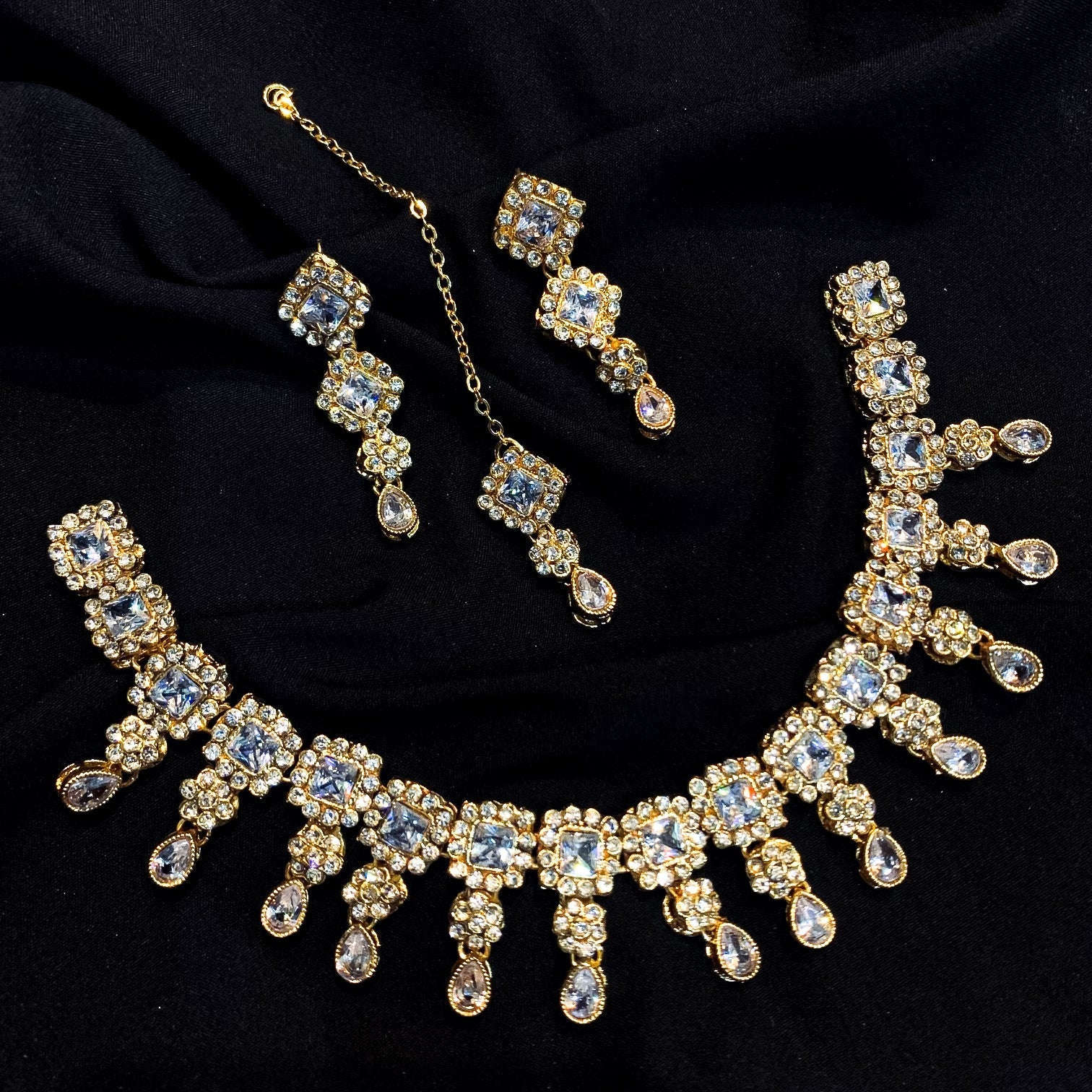 Sheesh Husn Choker Set (Diamond Drop Necklace Set S-43) Chikoo