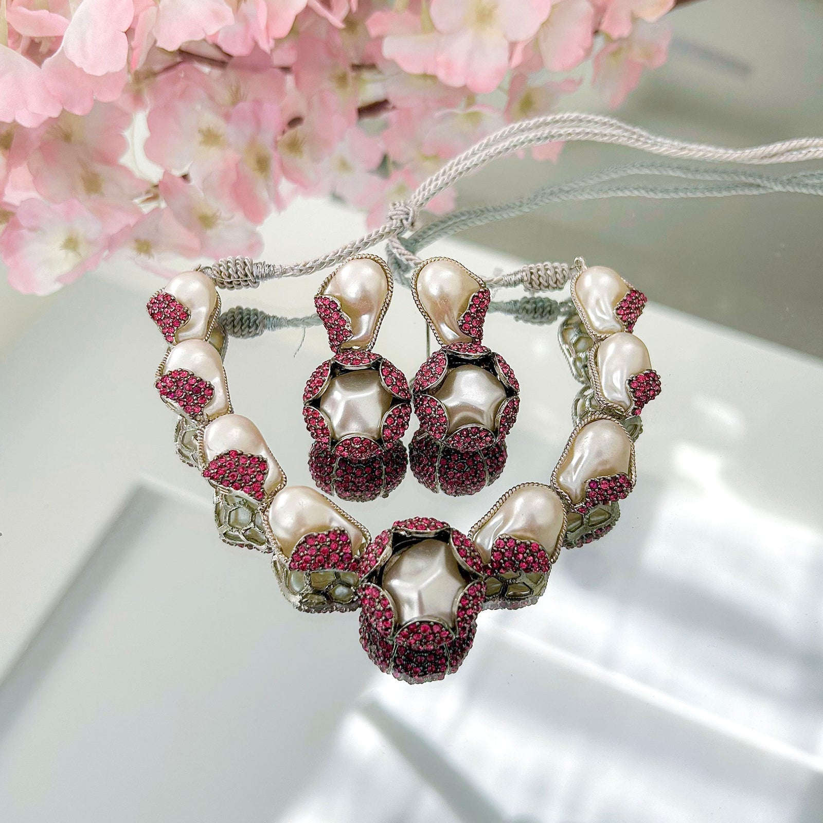 Moti e Phool Shine Pearl Necklace Set - S-50 Chikoo