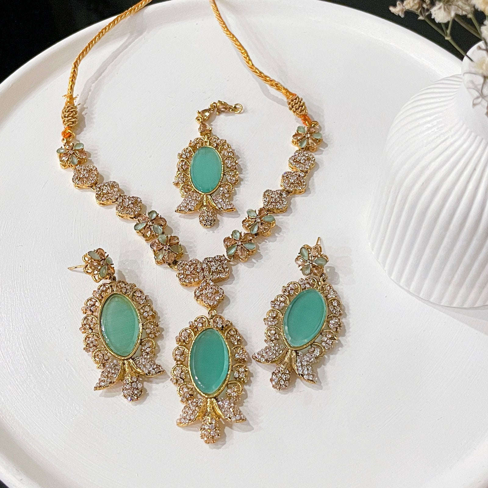 Gul-e-Rena Crimson Necklace Set S-53 Chikoo