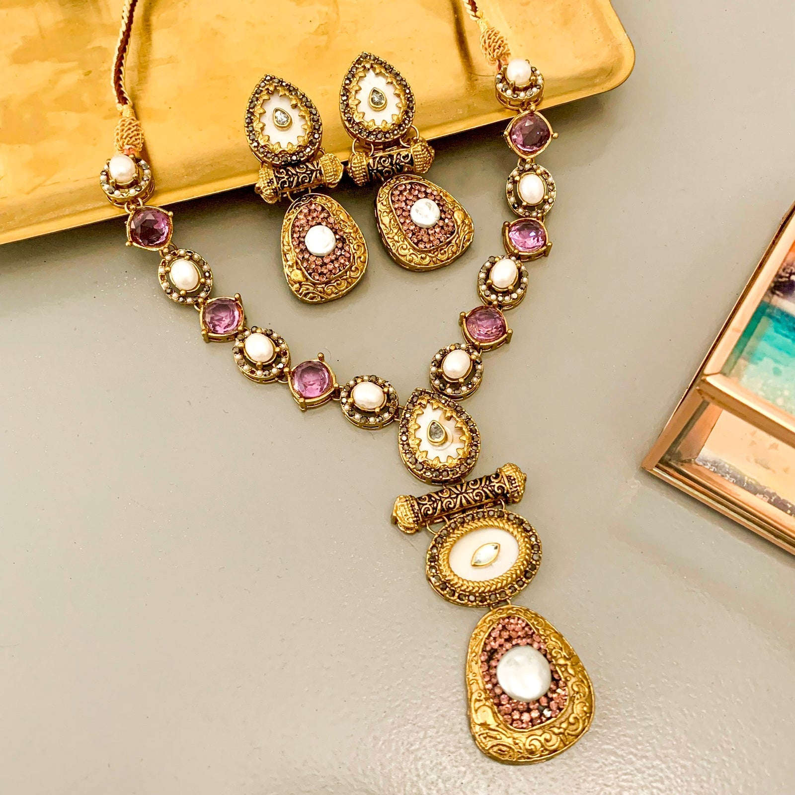 Rang-e-Deewan Pearl Mughal Charm Necklace - S-57 Chikoo