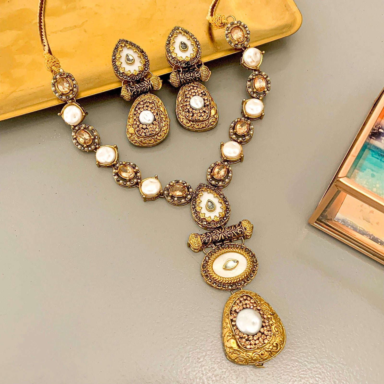Rang-e-Deewan Pearl Mughal Charm Necklace - S-57 Chikoo
