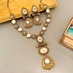 Rang-e-Deewan Pearl Mughal Charm Necklace - S-57 Chikoo
