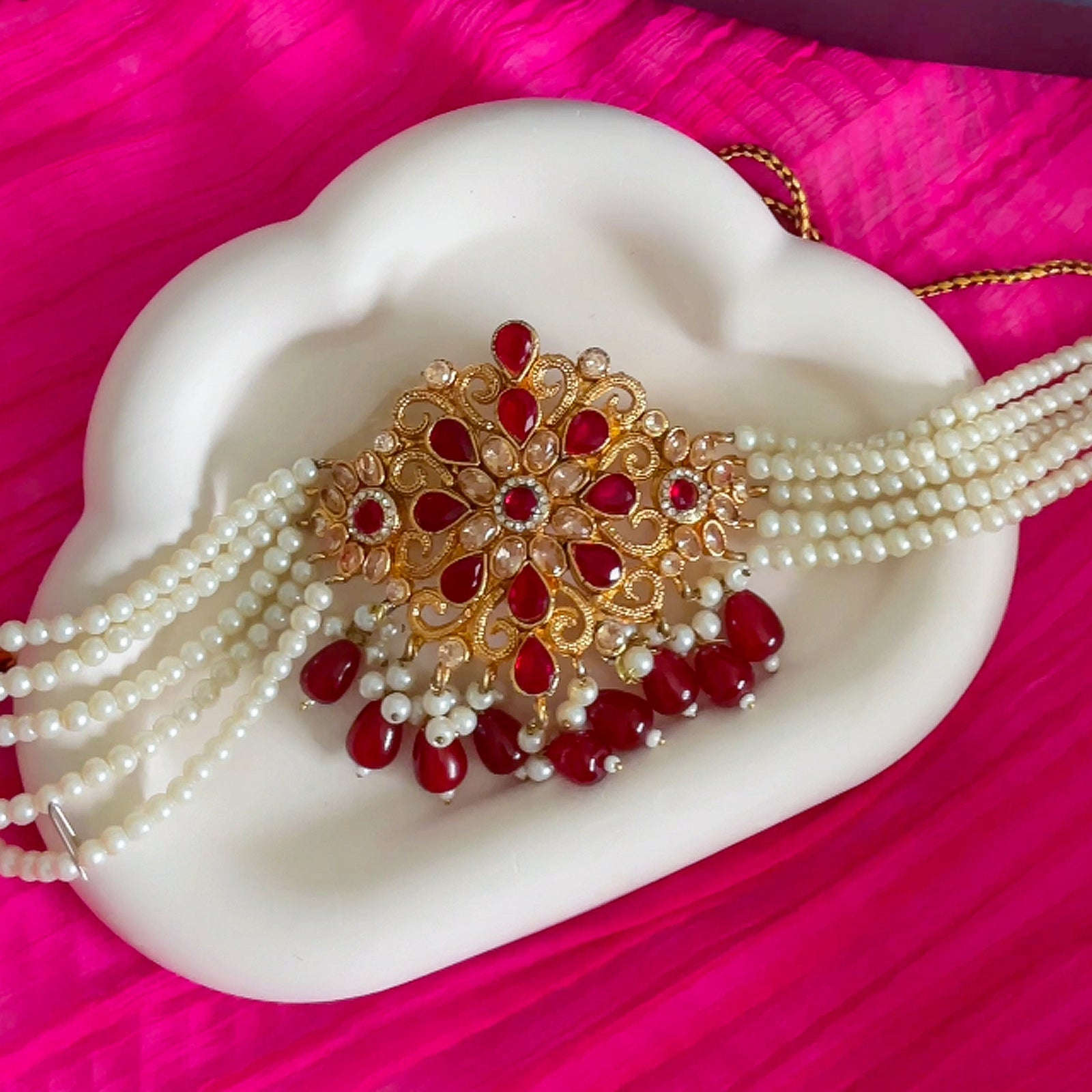 Pearl Zircon Choker Set (CS-01) Chikoo