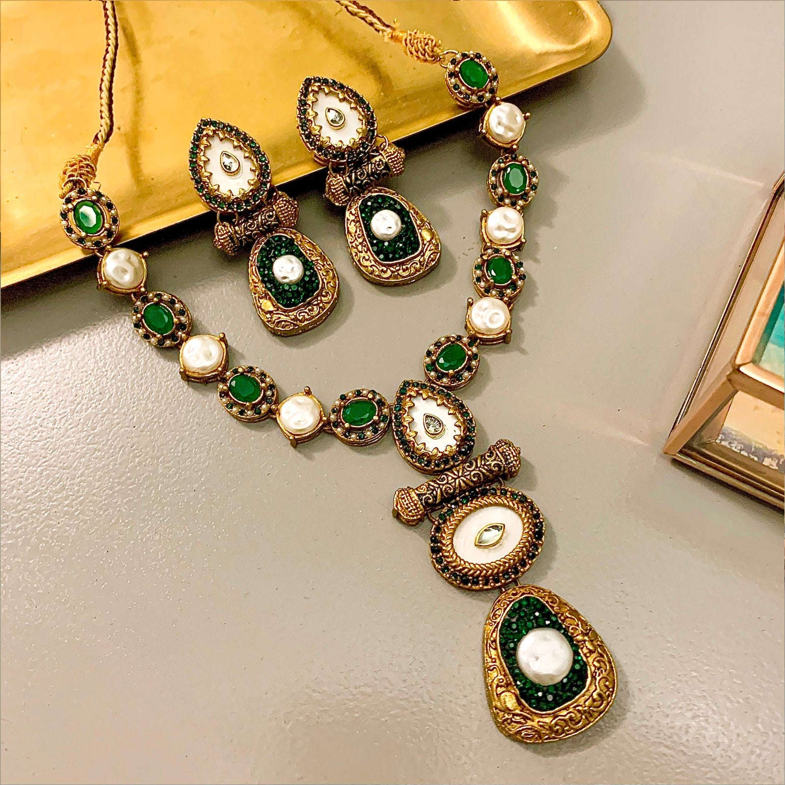 Rang-e-Deewan Pearl Mughal Charm Necklace - S-57 Chikoo
