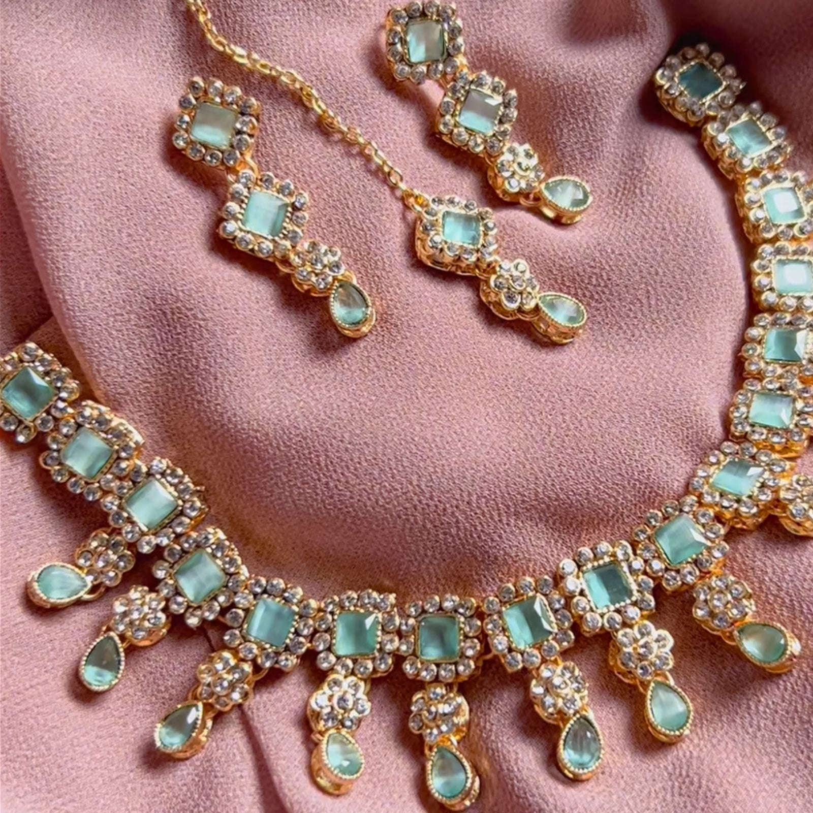 Sheesh Husn Choker Set (Diamond Drop Necklace Set S-43) Chikoo