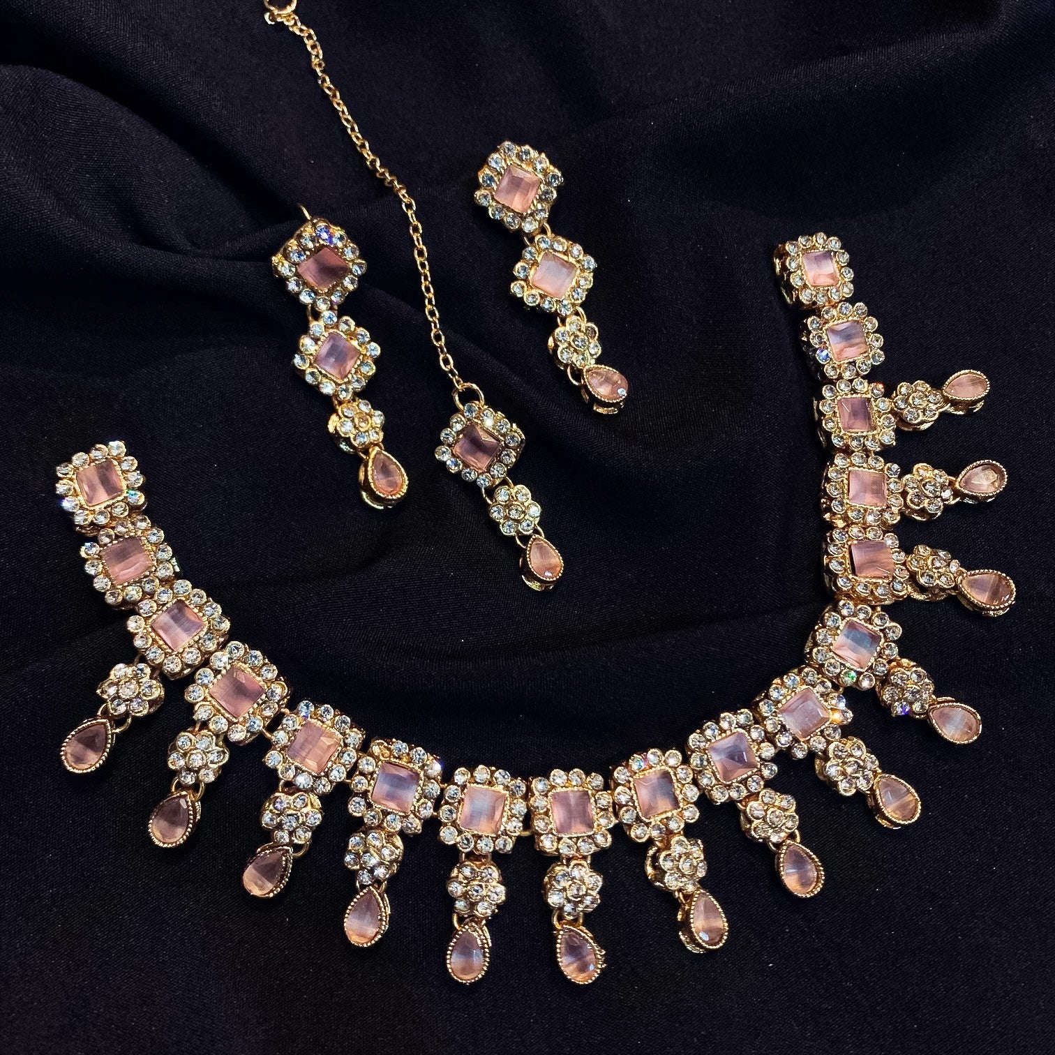 Sheesh Husn Choker Set (Diamond Drop Necklace Set S-43) Chikoo