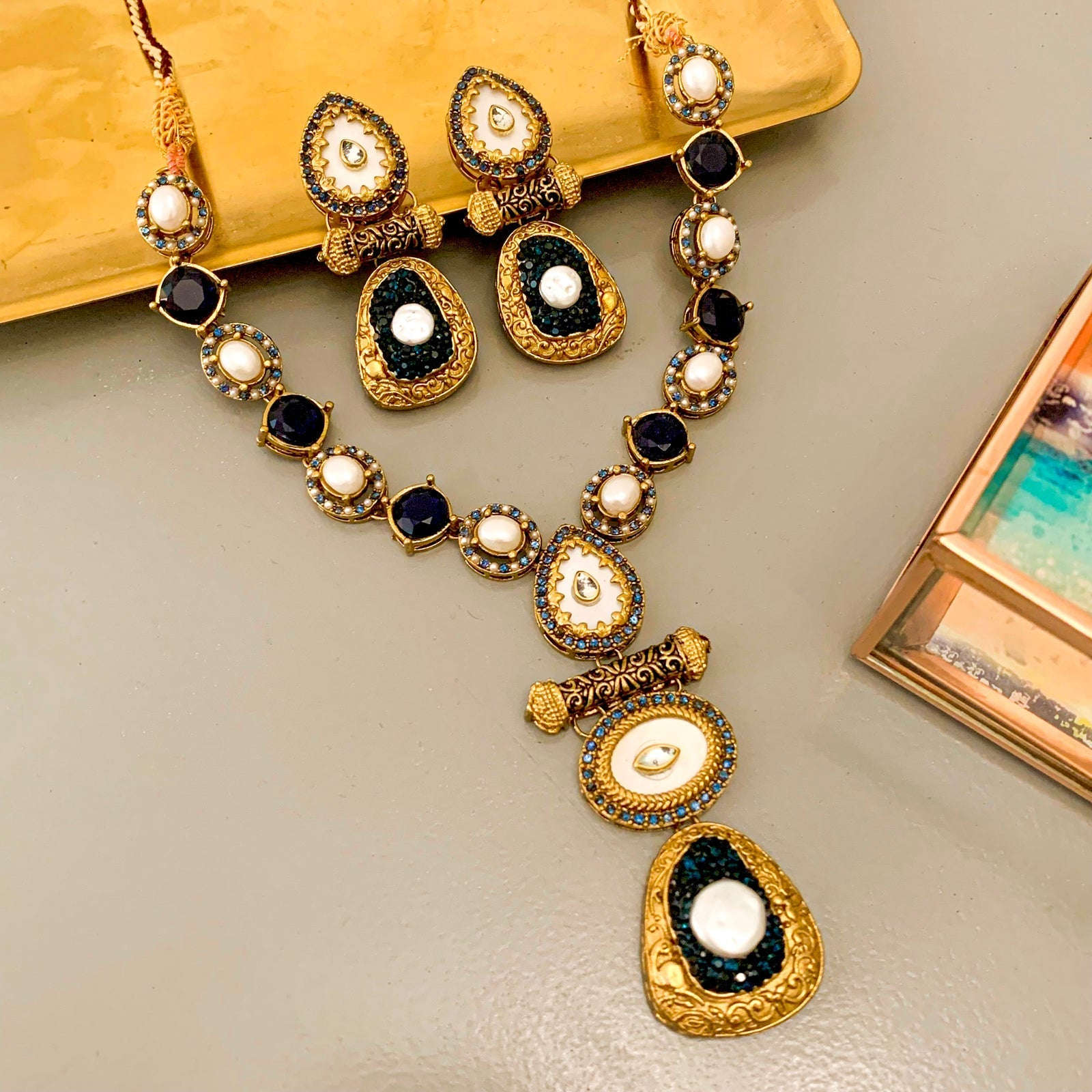 Rang-e-Deewan Pearl Mughal Charm Necklace - S-57 Chikoo