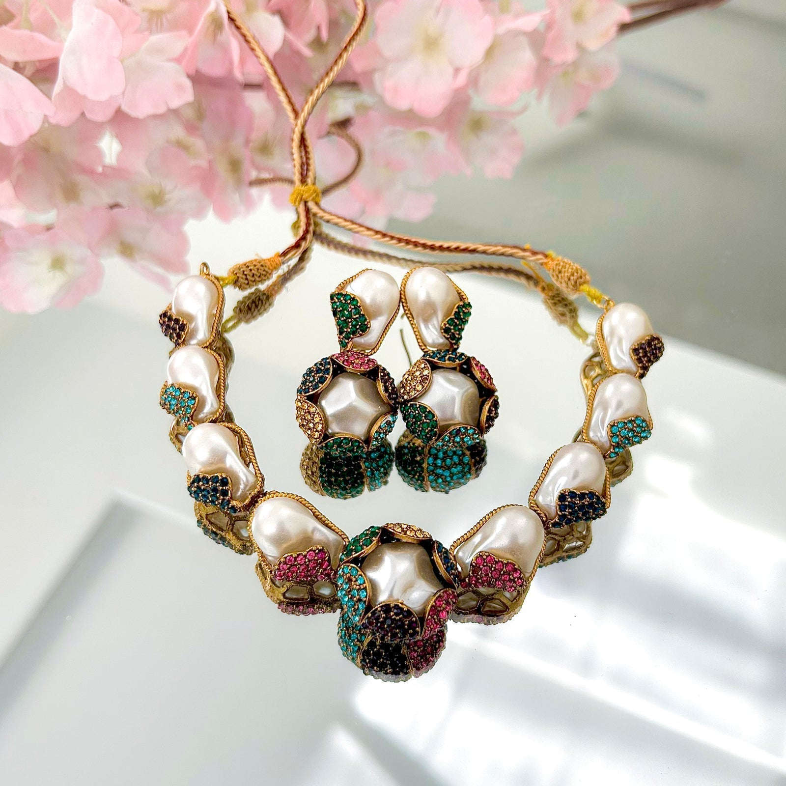 Moti e Phool Shine Pearl Necklace Set - S-50 Chikoo