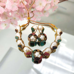 Moti e Phool Shine Pearl Necklace Set - S-50 Chikoo