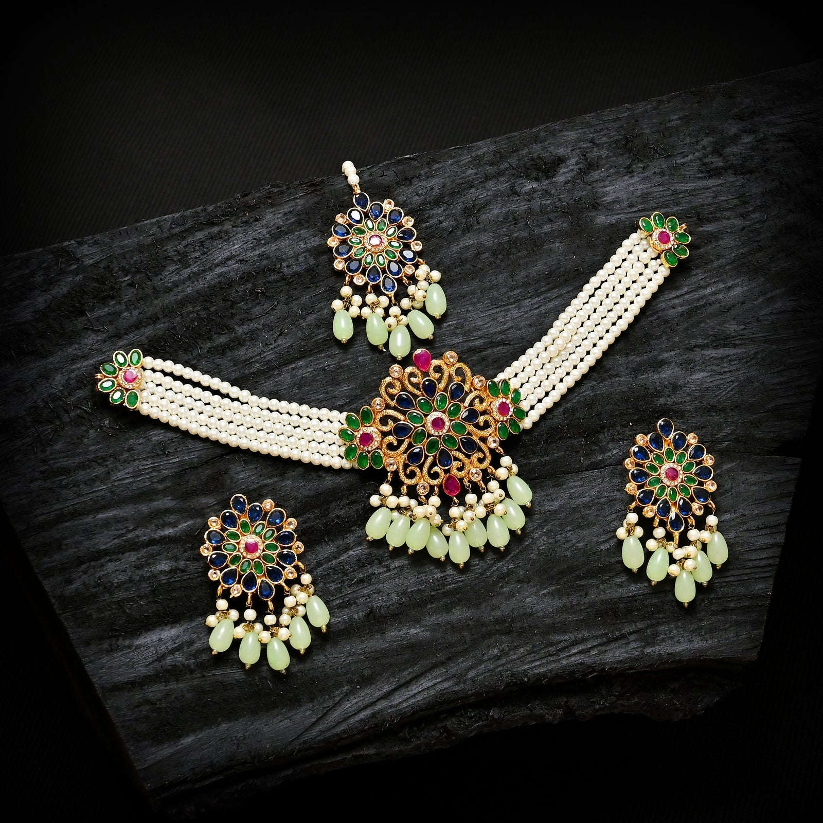 Pearl Zircon Choker Set (CS-01) Chikoo